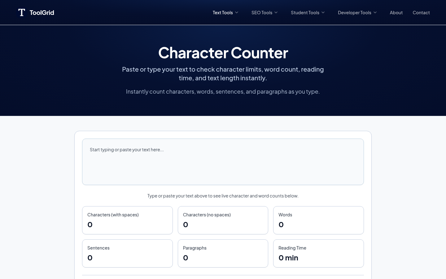 ToolGrid Character Counter landing page